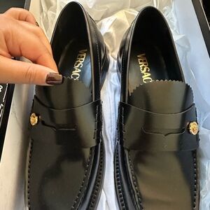 Versace Black Leather Loafers with Gold Accent